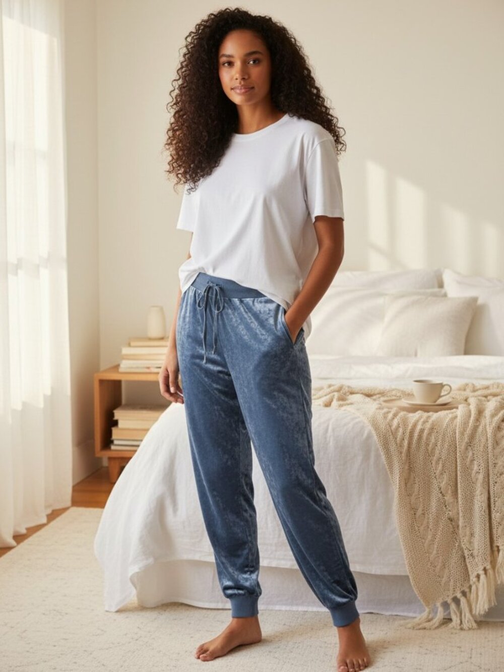 Aerie Crushed Velvet Jogger Pants Slate Blue Drawstring Cozy Loungewear sz S